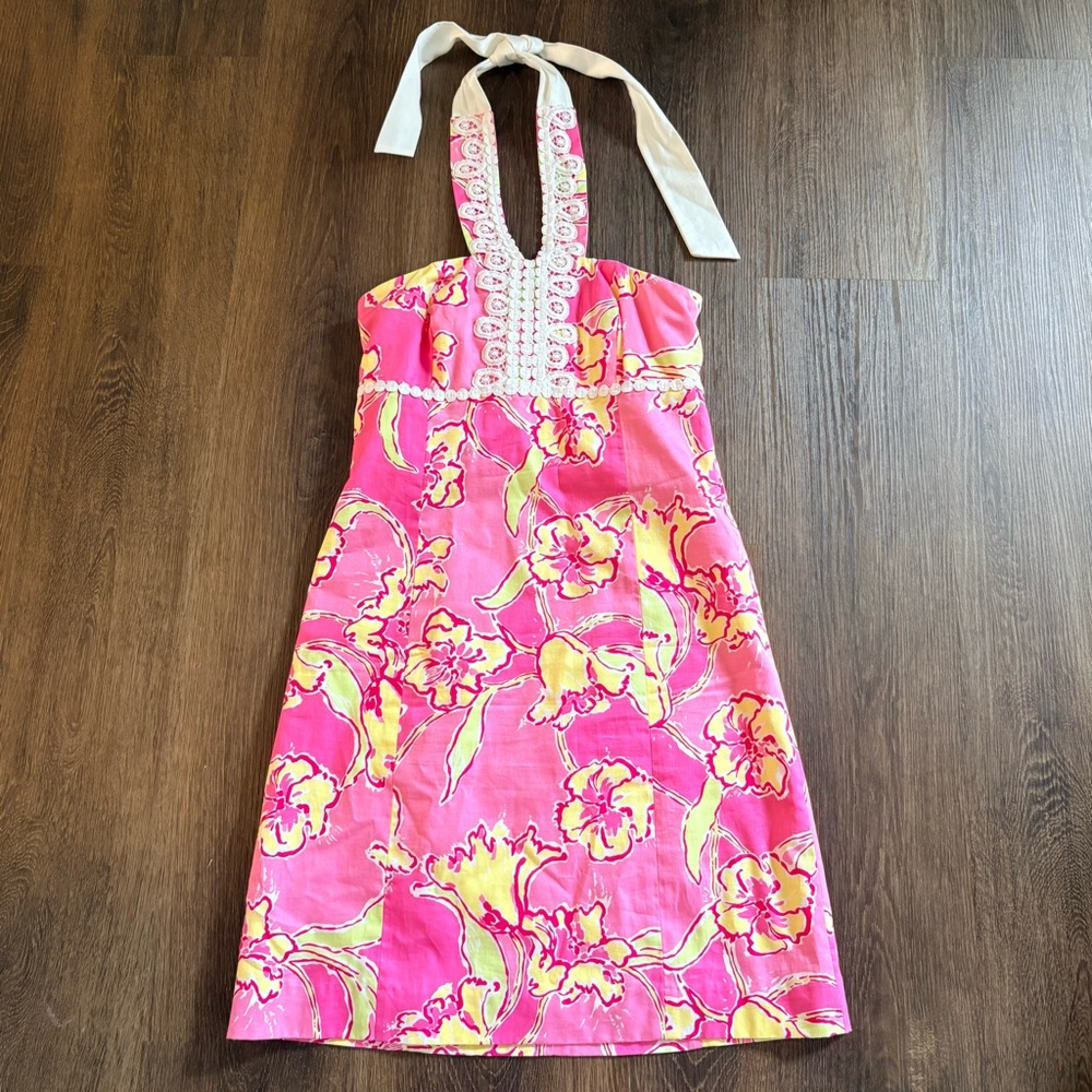 Lilly Pulitzer Pink Yellow Floral Mini Halter Dress